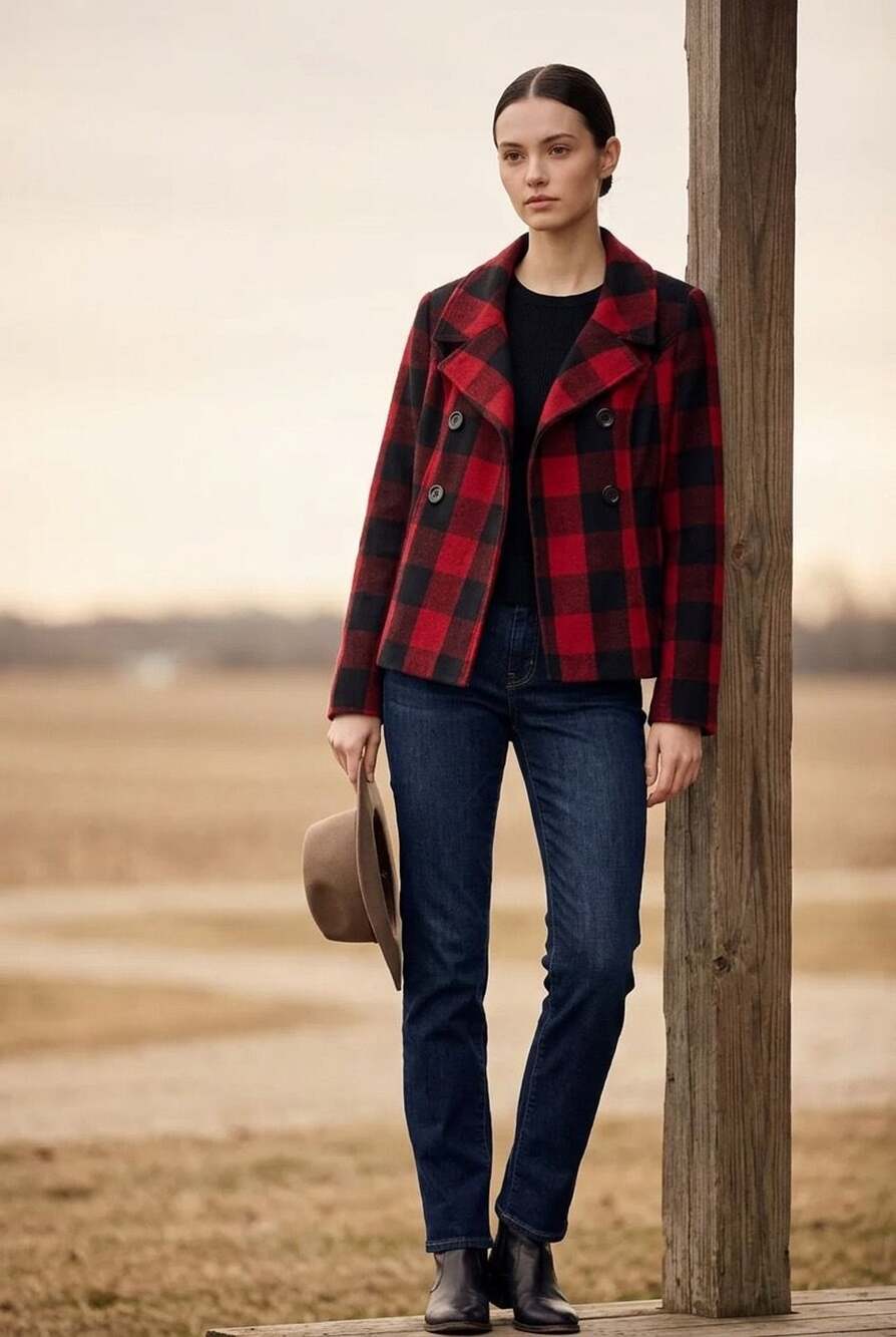 Gap Women's Buffalo Check Plaid Double-Breasted Pea Coat